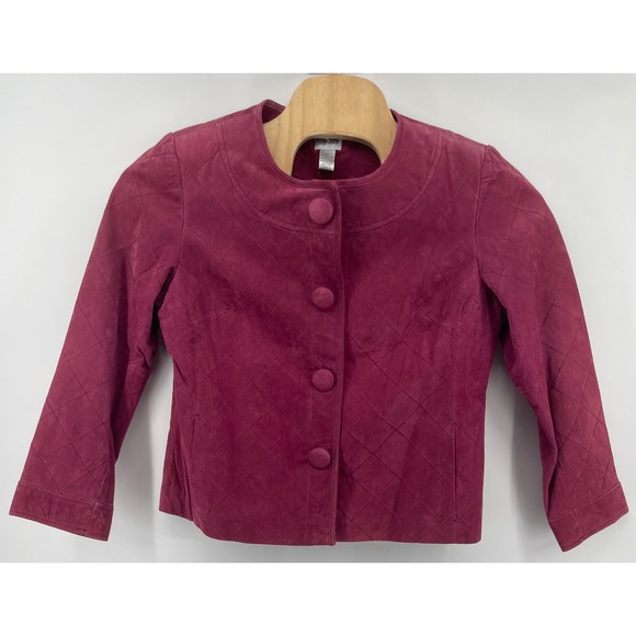 Chico's Womens Leather Collarless Jacket Quilted Suede Button Front Berry Size 2 - Picture 1 of 6